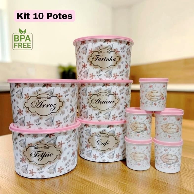 Kit Potes Plásticos Porta Mantimentos Decorados Estampa Floral Organizadores Cozinha