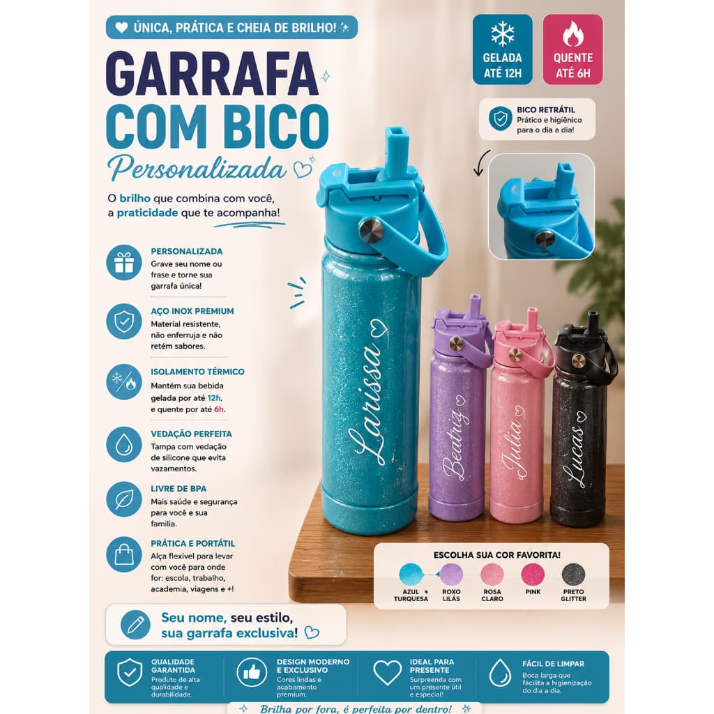 Garrafa Térmica com Glitter Aço Inox Alça e Dois Bicos Personalize com seu Nome