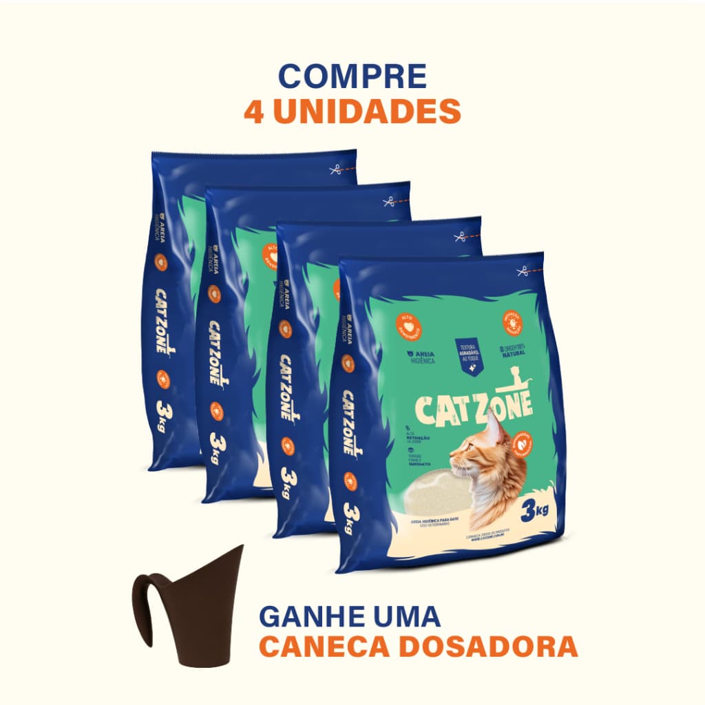 KIT4 Areia Biodegradável Cat Zone - Para Gato - Controle de Odor -  Forma Torrão - Alta Absorção 3kg