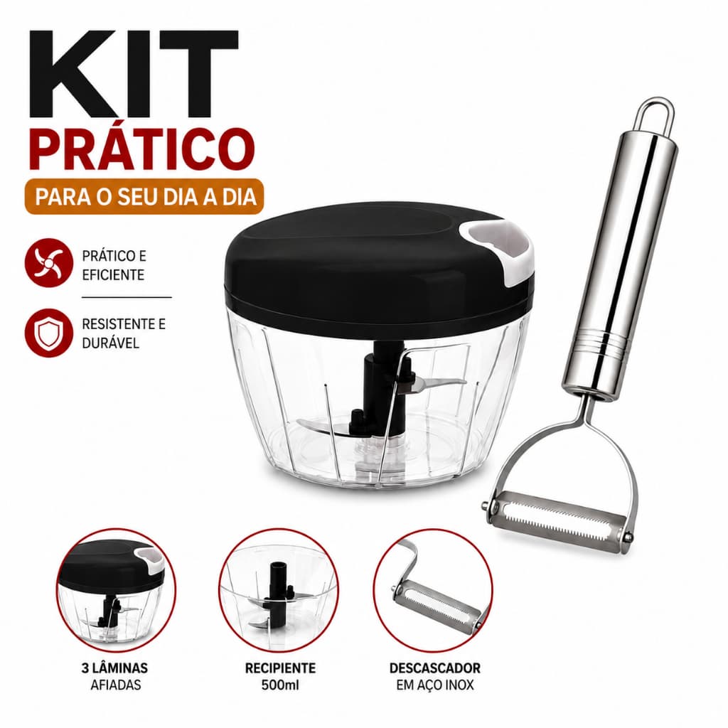 Processador Manual 500ml + Descascador Inox Picar Legumes Frutas Verduras Para Cozinha Uso Doméstico