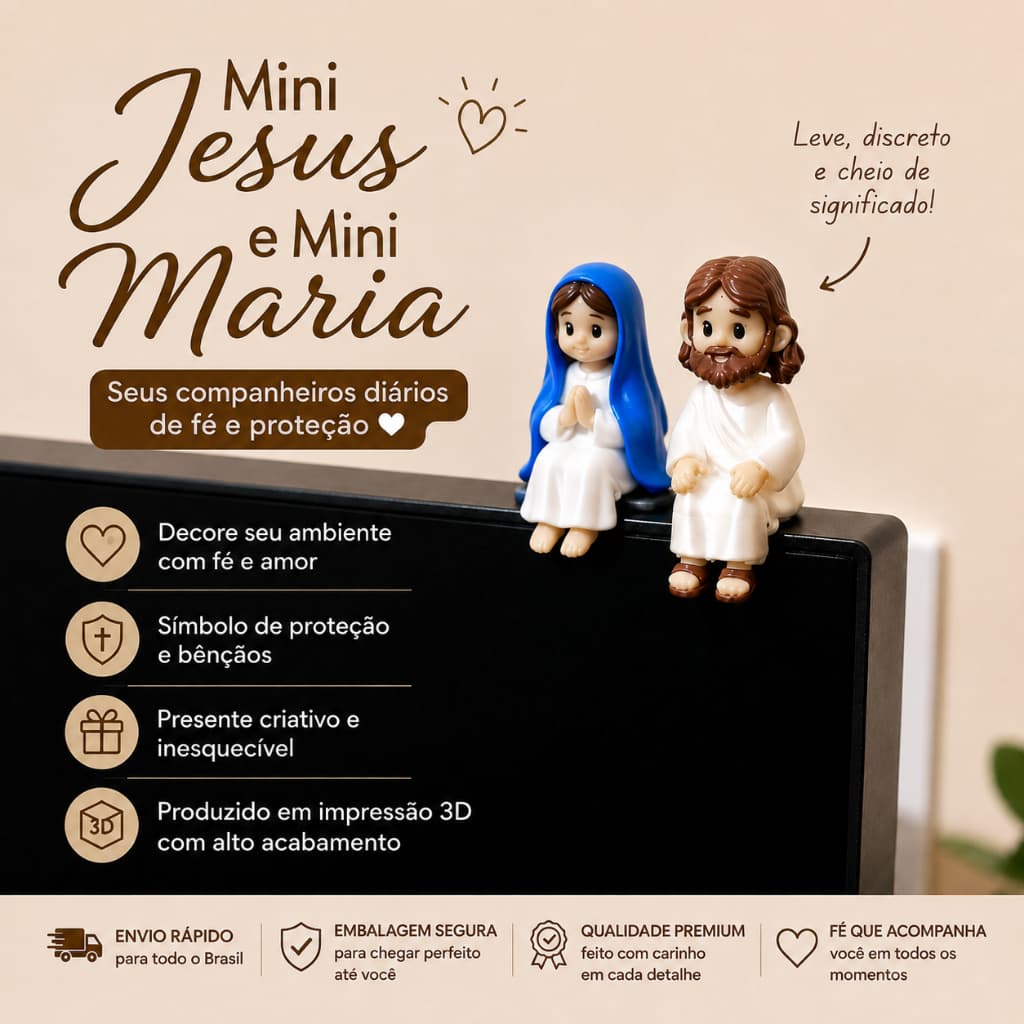 KIT Mini Jesus e Maria Sentado em Impressão 3D | Enfeite para Monitor, Mesa, Escritório  e Prateleira