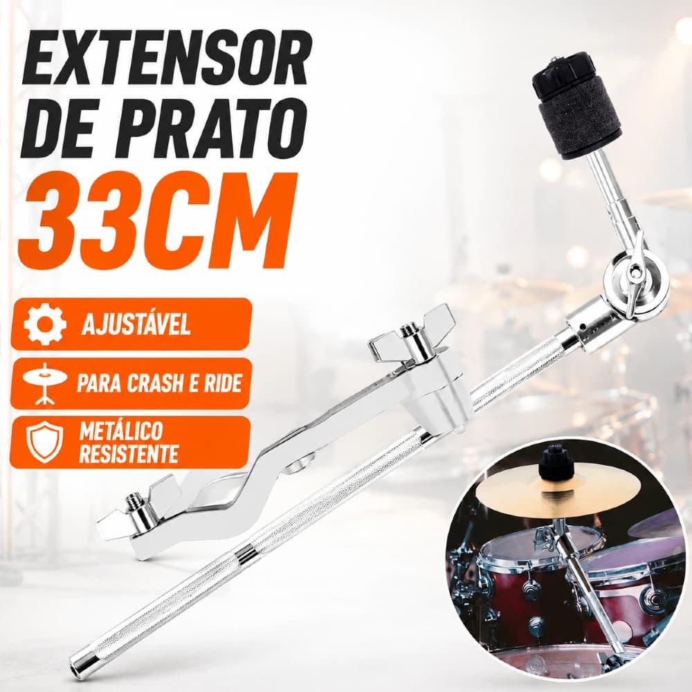 Extensor de Prato para Bateria 33cm Haste Reta Braço Ajustável Metálico para Crash Ride Suporte Universal