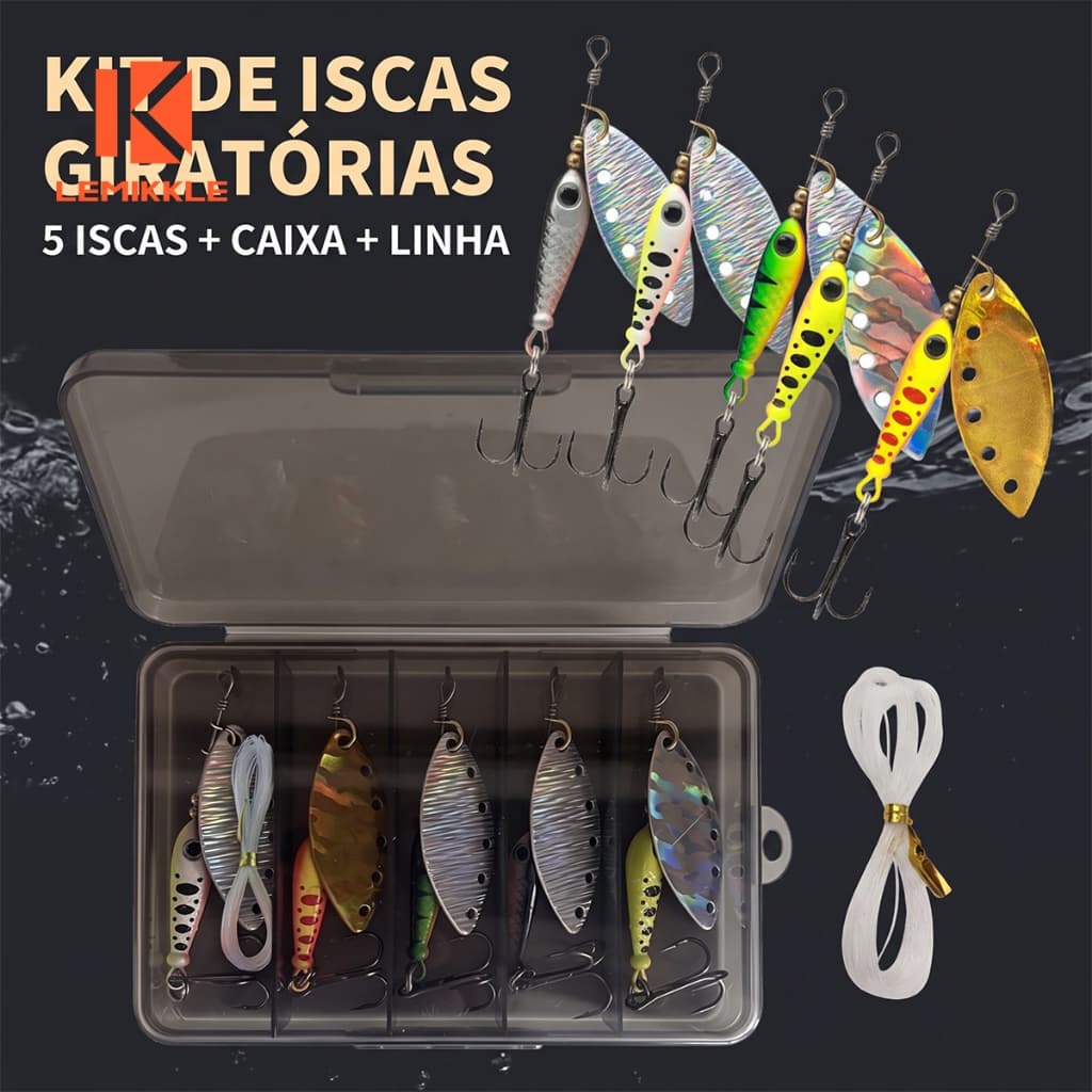 LEMIKKLE - 5 Iscas Spinner Rotativas 9g 5,7cm, Isca Metálica Brilhante com Caixa e Linha para Pesca de Tucunaré