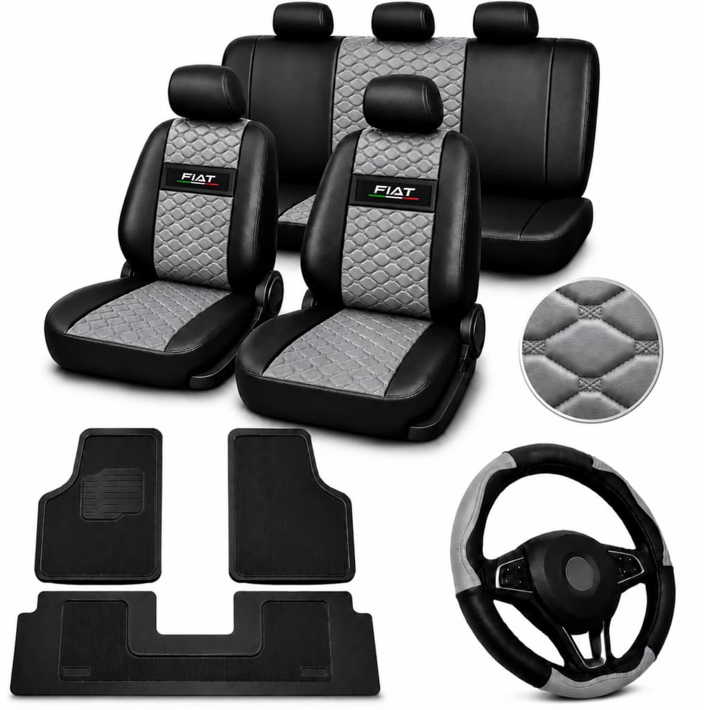 Capa Banco Automotiva Couro + Tapete Borracha + Volante FIAT Uno Palio Siena Strada Punto Linea Idea