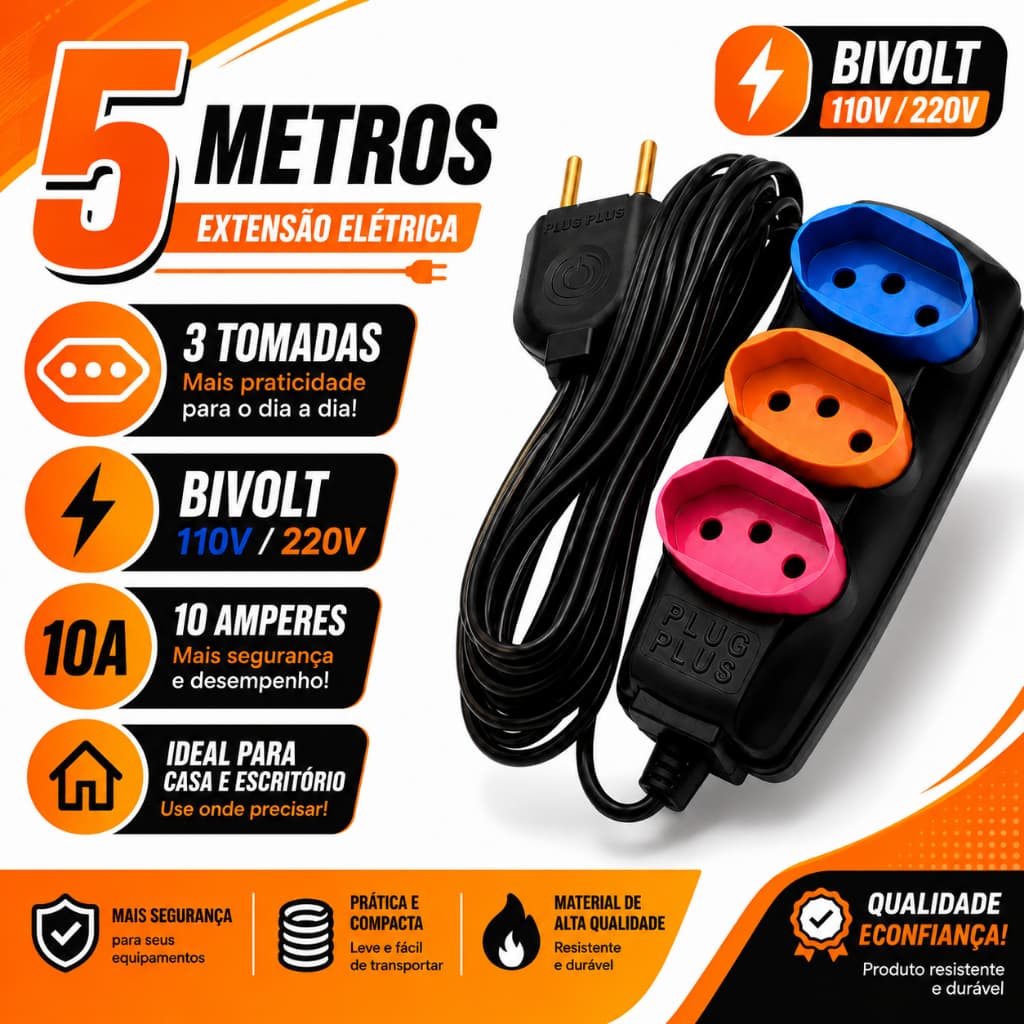 Extensão Elétrica 5 Metros 3 Tomadas Régua Reta 10A Bivolt 110V 220V