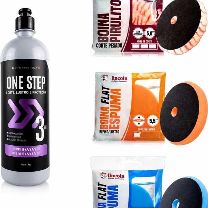 Kit Polimento One Step 3 em 1 AutoAmerica + 3 Boinas Corte/Refino/Lustro Lincoln