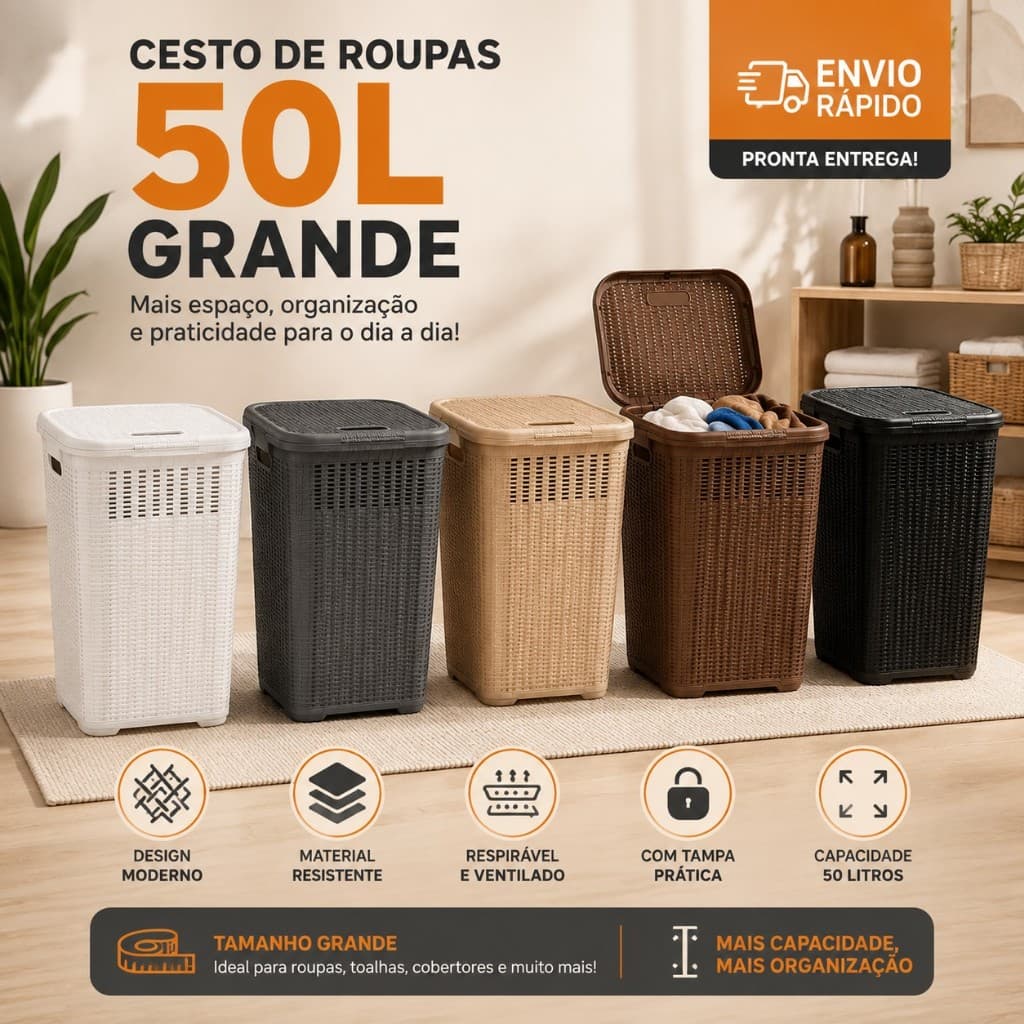 Cesto de Roupa Suja 50L Grande com Tampa Rattan Organizador para Lavanderia Banheiro Quarto