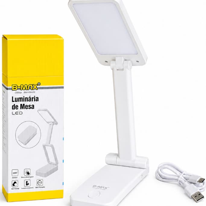 Luminária de Mesa LED B-MAX BM-F1018 Dobrável, Recarregável USB, 3 Tons de Luz 3000K~6000K, Controle Touch, Ajuste 360°,