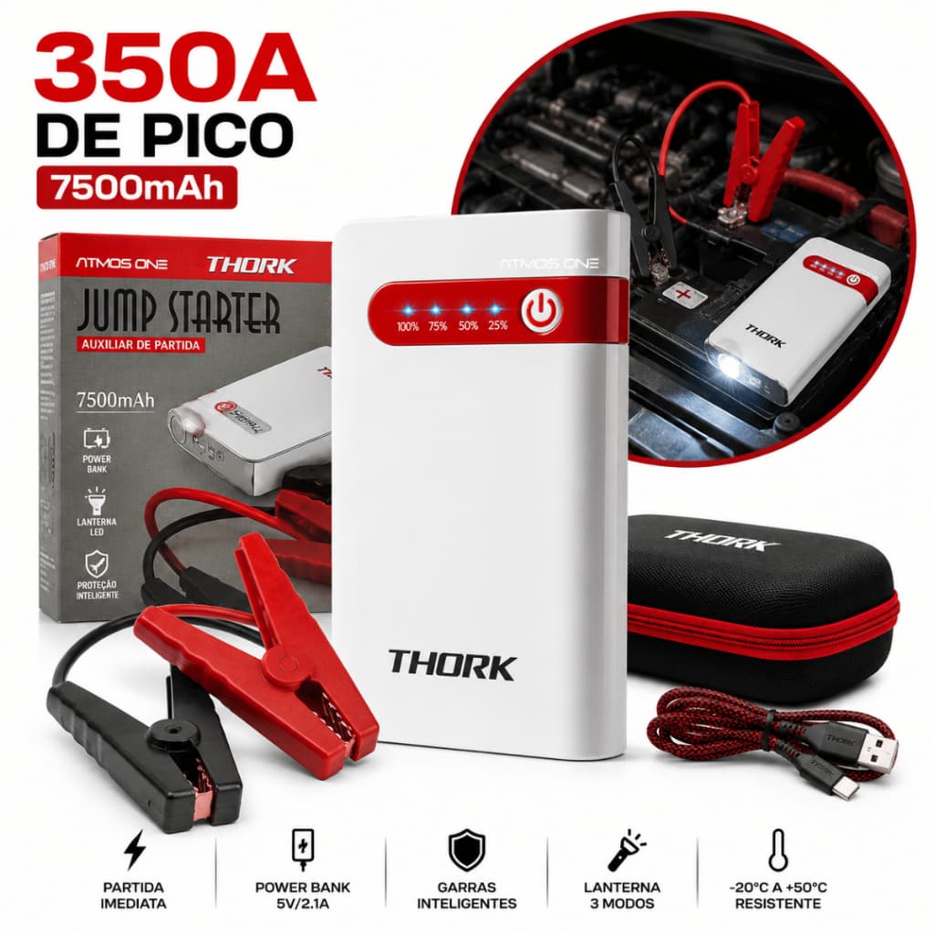 Auxiliar De Partida Portatil Automotivo Carregador Bateria 12V Power Bank USB 7500mAh 350A Lanterna Jump Starter