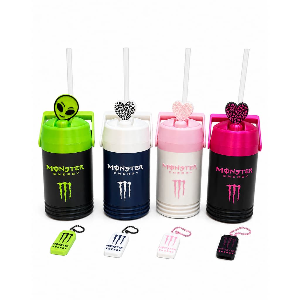 Cooler Porta Latas Monster Energy Premium 350ml 473ml Com Tampa De Rosca Alça + Canudo + Abridor + Topo de Coração