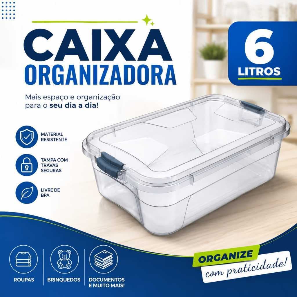 Organizador Para Ambientes Caixa Organizadora Transparente 6 Litros Com Tampa Segura Caixa Organizadora