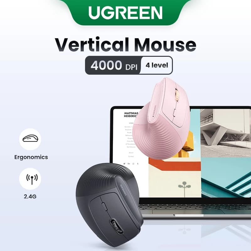 Mouse Vertical Ergonômico UGREEN 4000 DPI 2.4G Sem Fio 4 Níveis de DPI Rosa e Preto