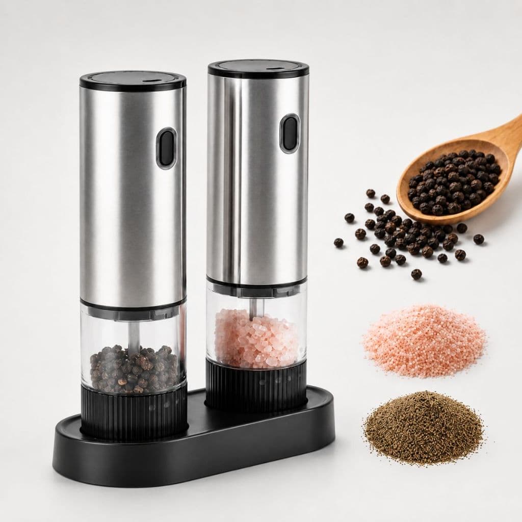 Kit 2 Moedores Elétricos de Sal Pimenta Temperos Inox Automático com Ajuste de Moagem para Cozinha
