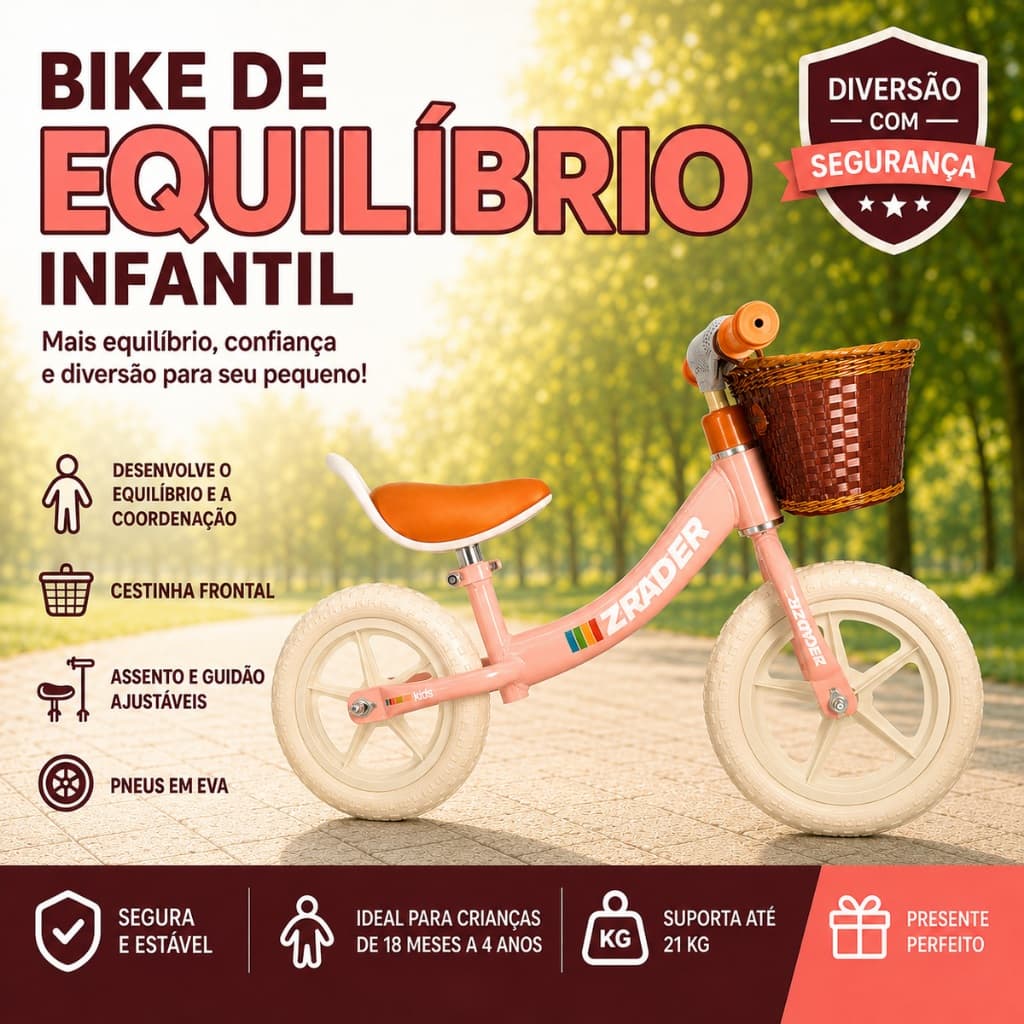 Bicicleta de Equilíbrio Balance Bike Infantil Sem Pedal com Cestinha Leve Resistente Para Criança Rosa