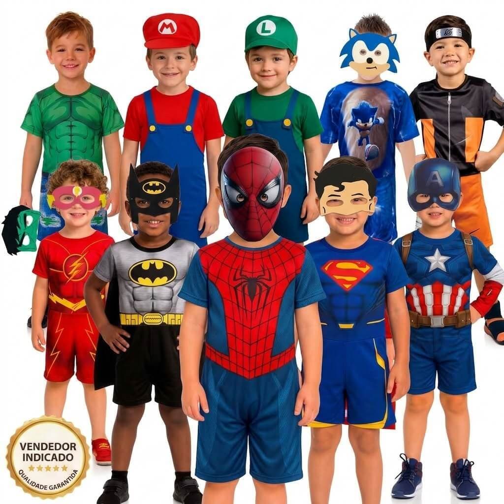Kit 10 Fantasias Infantis Super-Heróis Menino Roupa Verão Curta Com Máscara Homem Aranha Batman Capitão América Flash