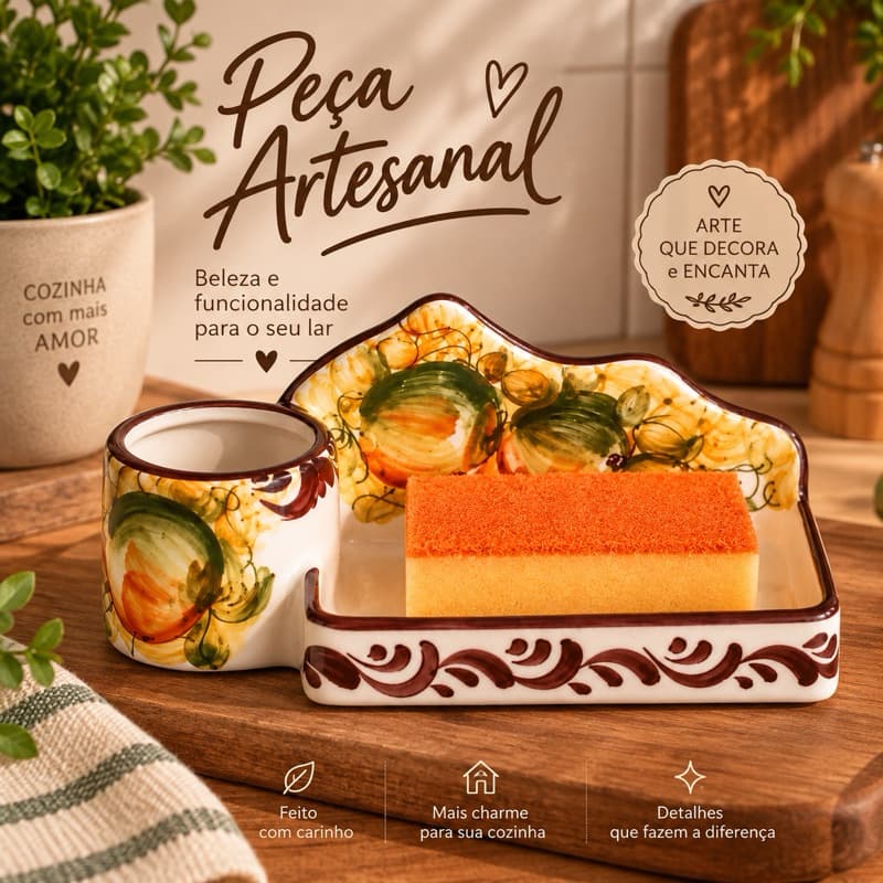 Porta Detergente e Esponja Cerâmica Decorado para Pia | Organizador de Cozinha