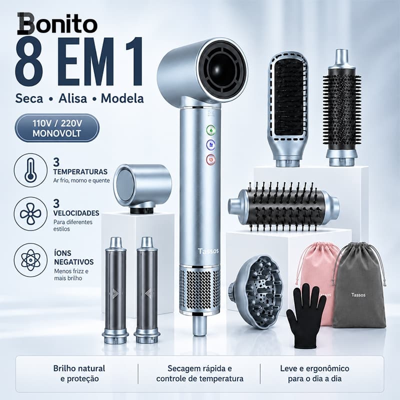 Escova Secadora 8 em 1 Multifuncional Secador de Cabelo Modelador de Cachos Íons Negativos Anti Frizz Monovolt 110V/220V