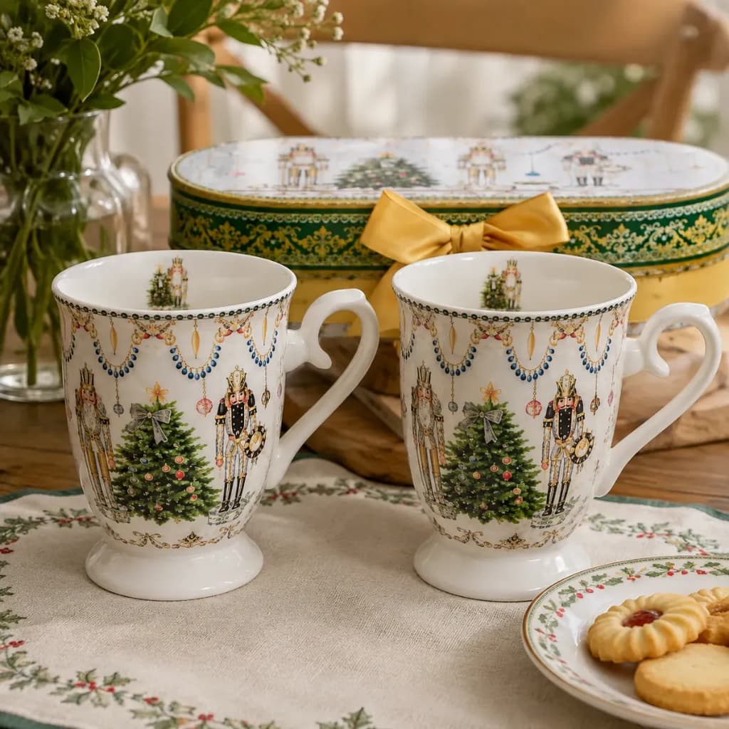Kit 2x Caneca Porcelana Natal Quebra-nozes Com Colher 300ml Branco + Caixa de Presente Natalino Premium