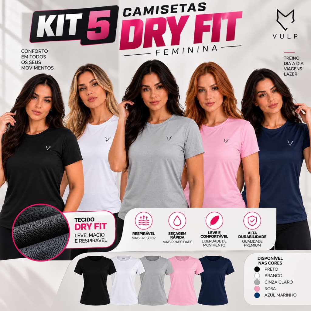Kit 5 Camiseta Dry Fit Feminina Original Respirável Confortável Ideal Para Treinos Academia