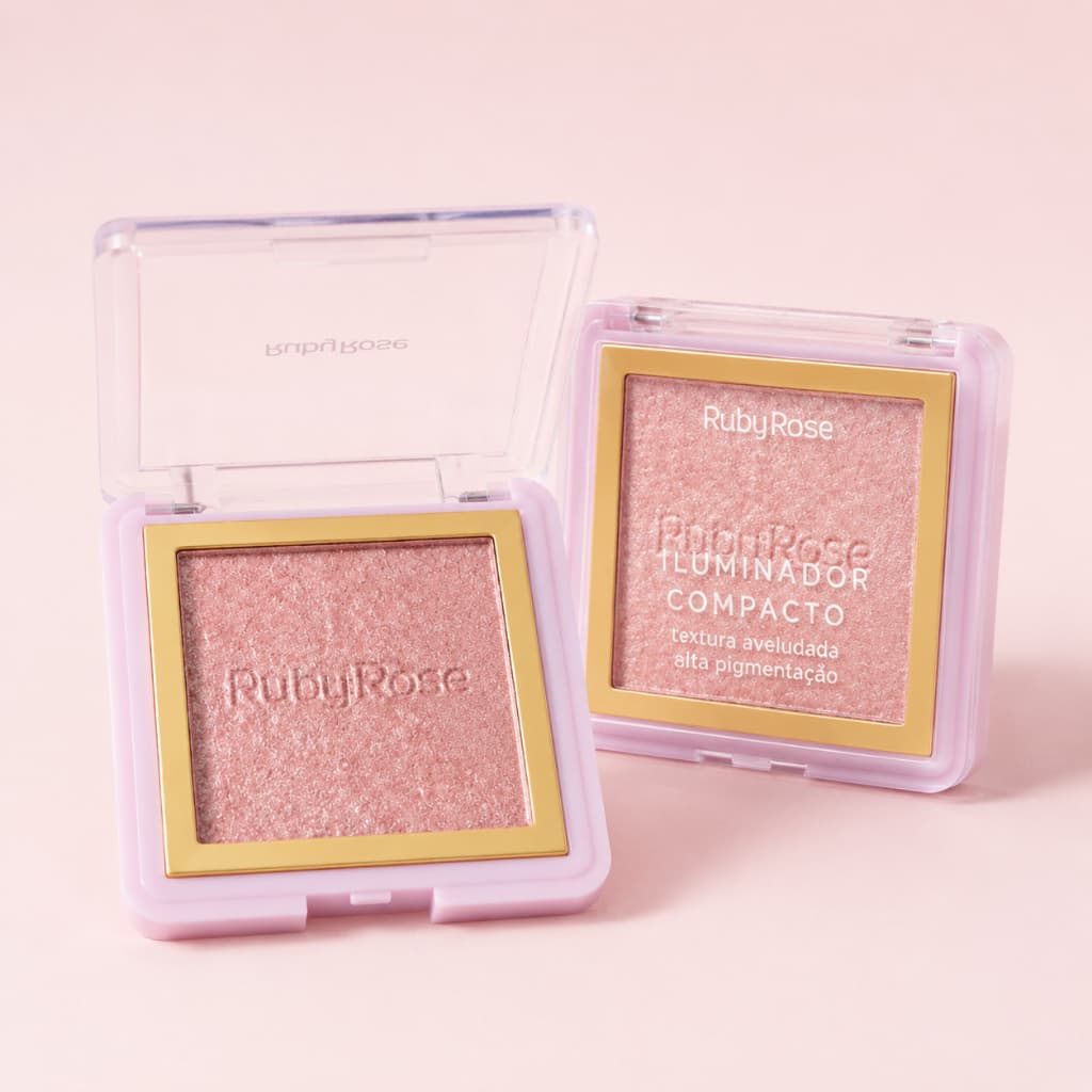 Iluminador Compacto Ruby Rose HL Alta Pigmentação Glow Radiante Brilho Facial Maquiagem Efeito Iluminado