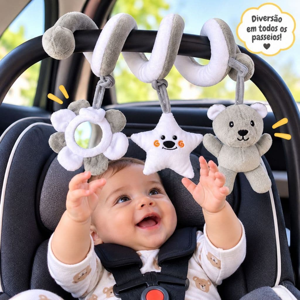 Móbile Espiral de Pelúcia para Bebê com Espelho, Chocalho e Mordedor Carrinho, Berço e Bebê Conforto