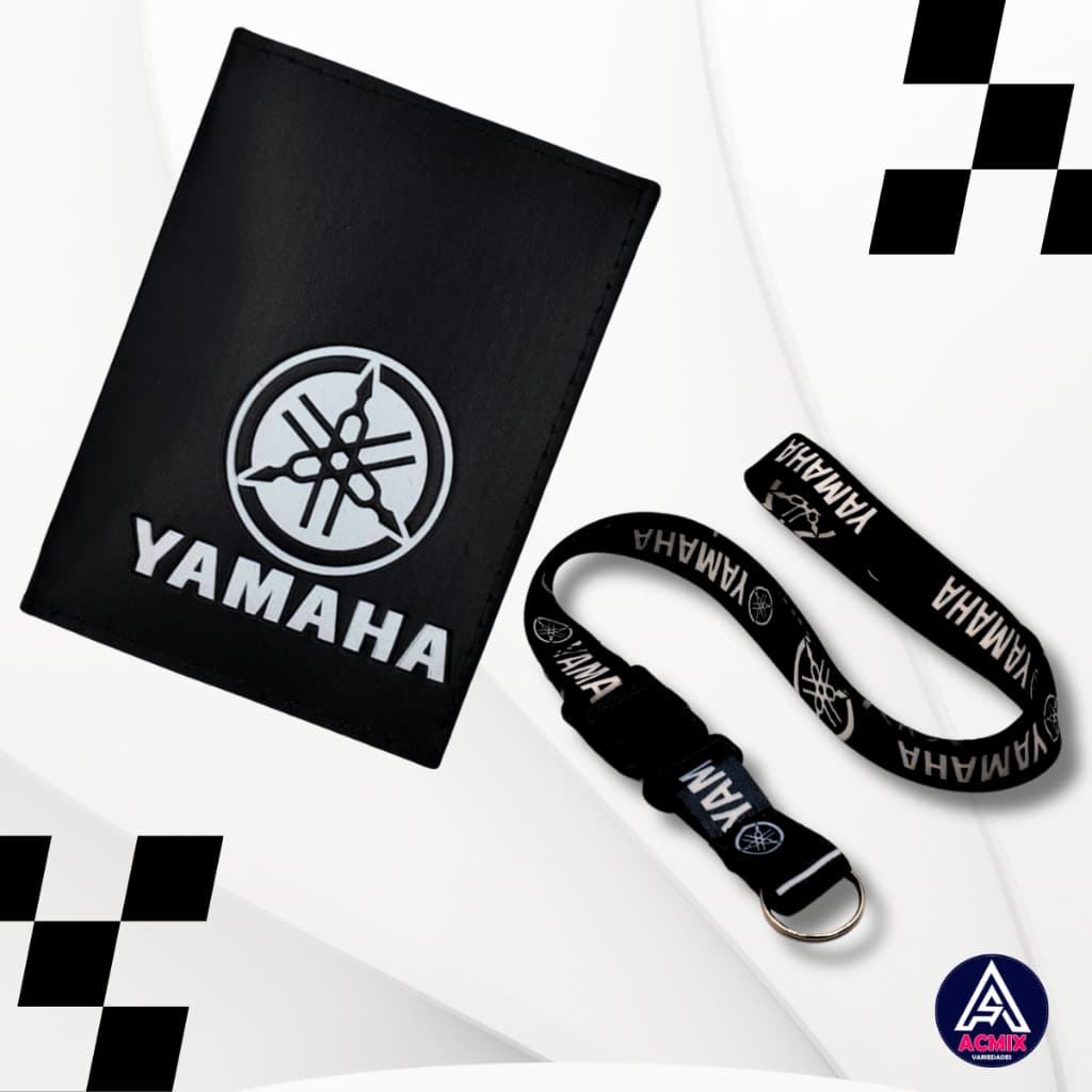 Carteira Porta Documentos Moto Yamaha Logo Branco + Cordão Pescoço Engate Rápido Yamaha Preto
