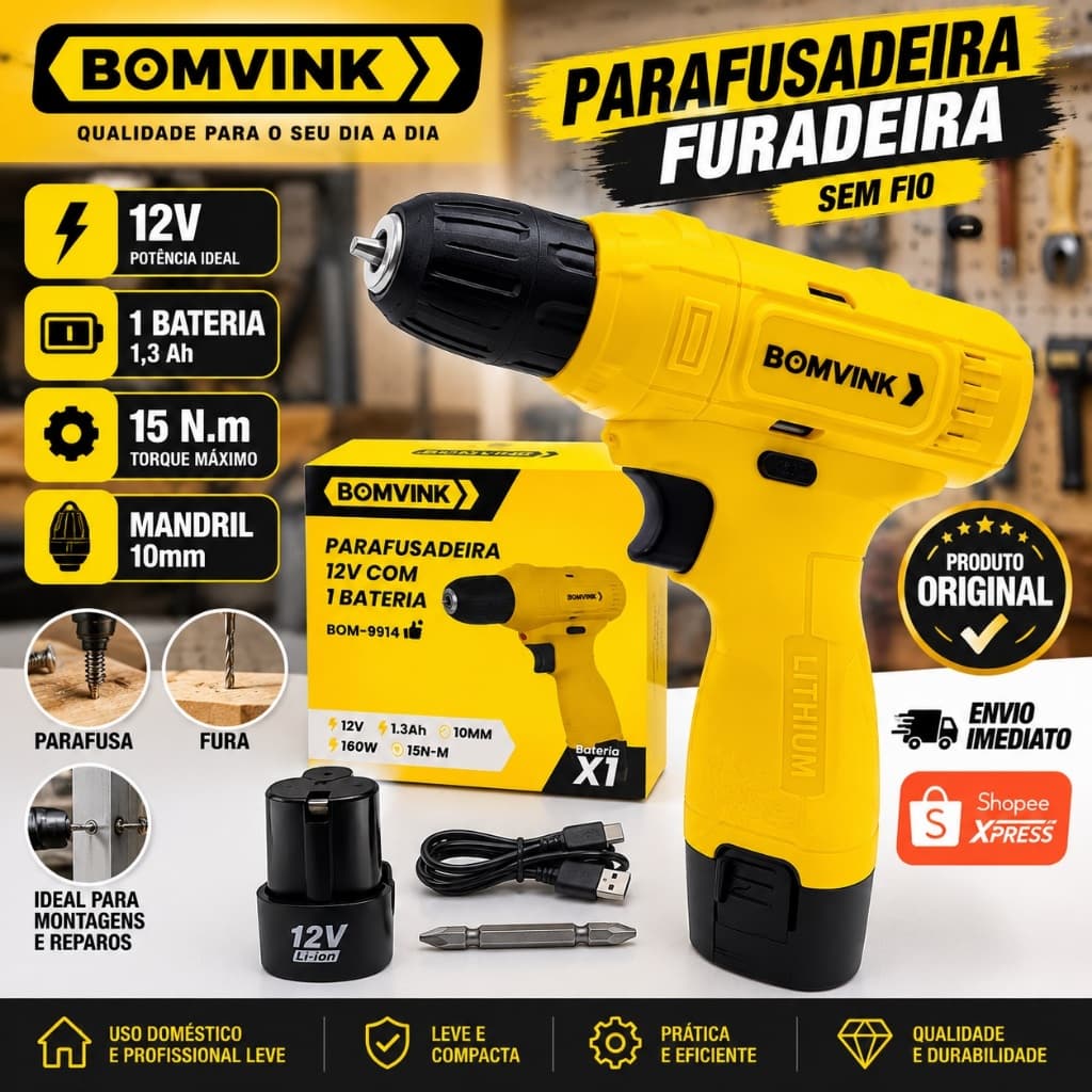 Parafusadeira Furadeira 12V Bomvink Sem Fio Bateria Lítio Bivolt Mandril 10mm BOM-9914