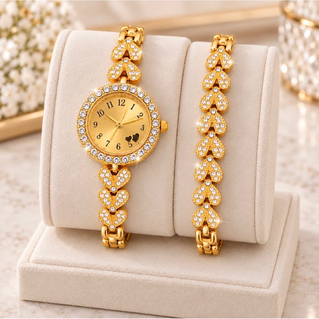 Relógio de Pulso + Pulseira Feminino Trevo de Quatro Folhas Coração Pedras Brilhantes Strass Menina Mulher Senhora