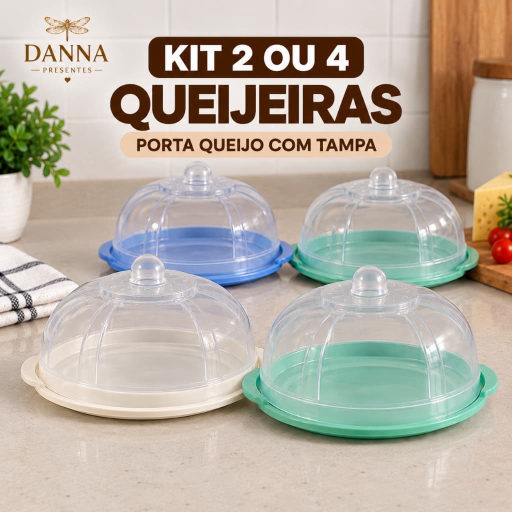 Kit 2 ou 4 Queijeiras Porta Queijo Transparente com Tampa Pote Organizador para Geladeira Cozinha