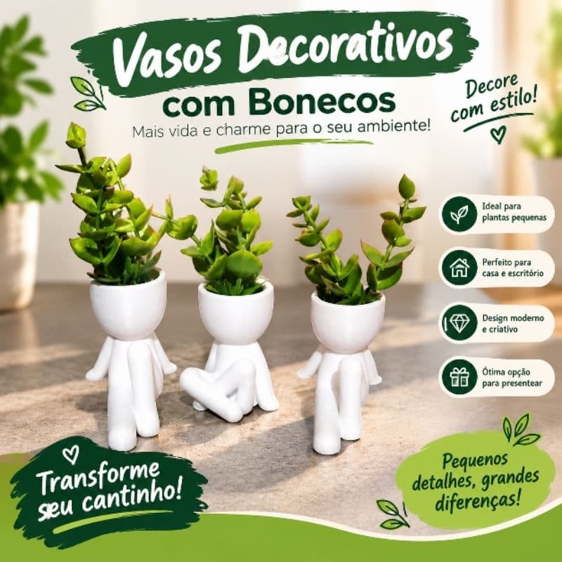 Kit 3 Mini Vasos Decorativos Bonequinhos Sentados para Plantas e Suculentas