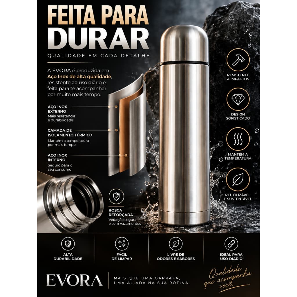 Garrafa Térmica Inox 500ml EVORA | Isolamento Térmico | Garrafa Reutilizável para Academia, Trabalho e Viagem