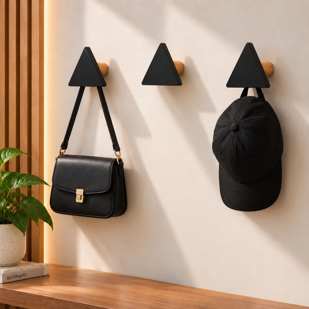 Kit Gancho de Parede Triângulo MDF Preto 8x8cm Cabideiro Organizador para Bolsa Roupa Toalha Mochila
