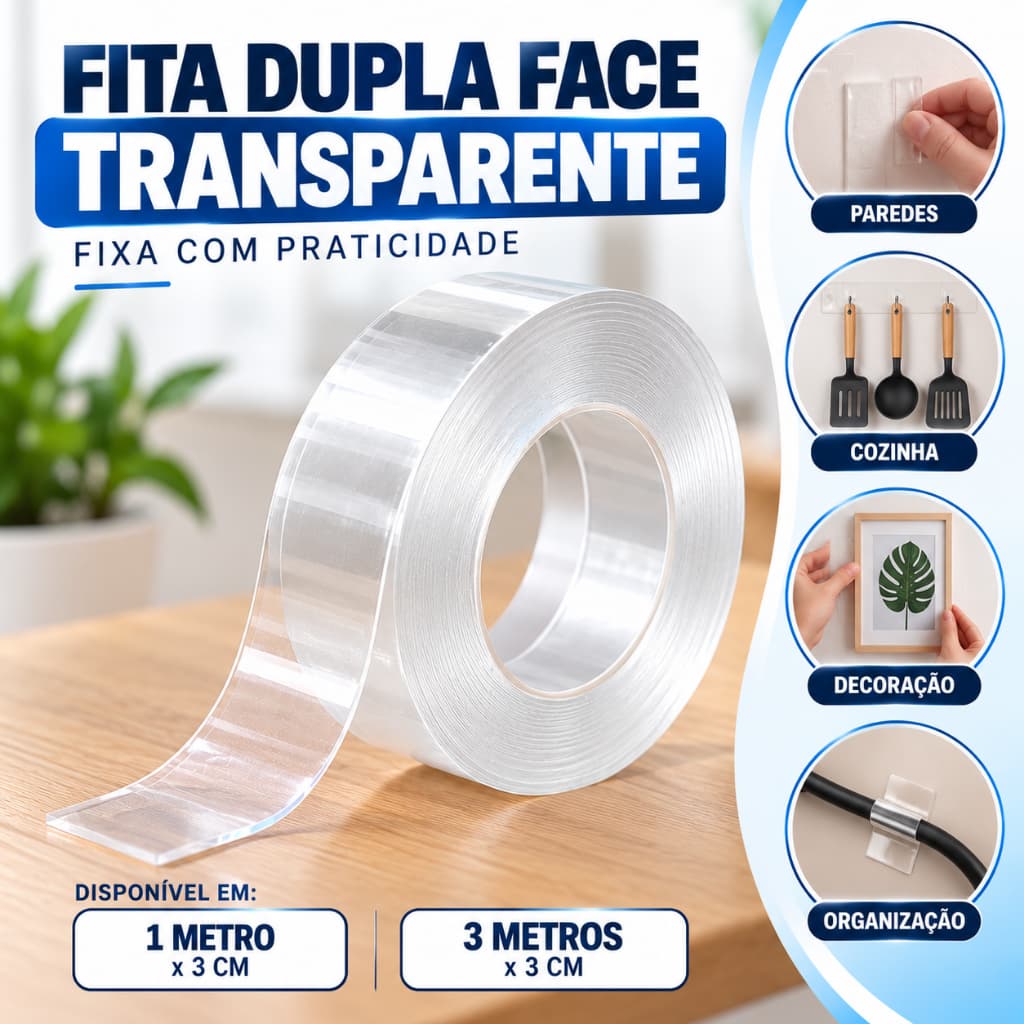 Fita Dupla Face Adesiva Transparente 3 Cm Fixação Multiuso 1m ou 3m Extra Forte