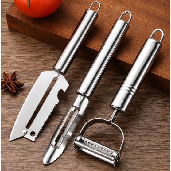 Kit 3 Utensílios Descascador de Legumes Peixe Aço Inox Fatiador Raspador Cortador para Cozinha