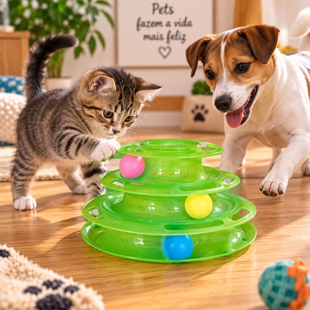 Brinquedo Interativo Torre 3 Andares para Gatos Bolinhas Coloridas Estimula Caça Exercício Diversão Pet