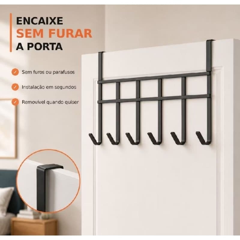 Cabideiro de Porta com 6 Ganchos Resistentes para Roupas e Acessórios