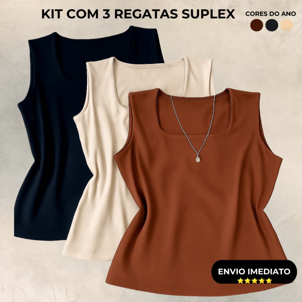 Kit 3 Blusas Femininas Regata Plus Size Decote Quadrado Blogueira Tendência Verão