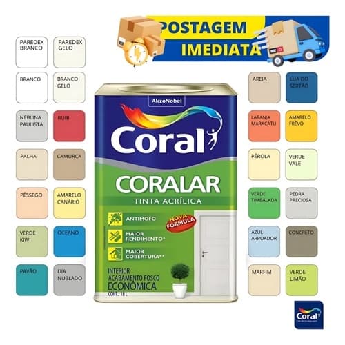 Tinta Coralar Acrílica Anti Mofo Coral 18L -  Escolha sua cor!