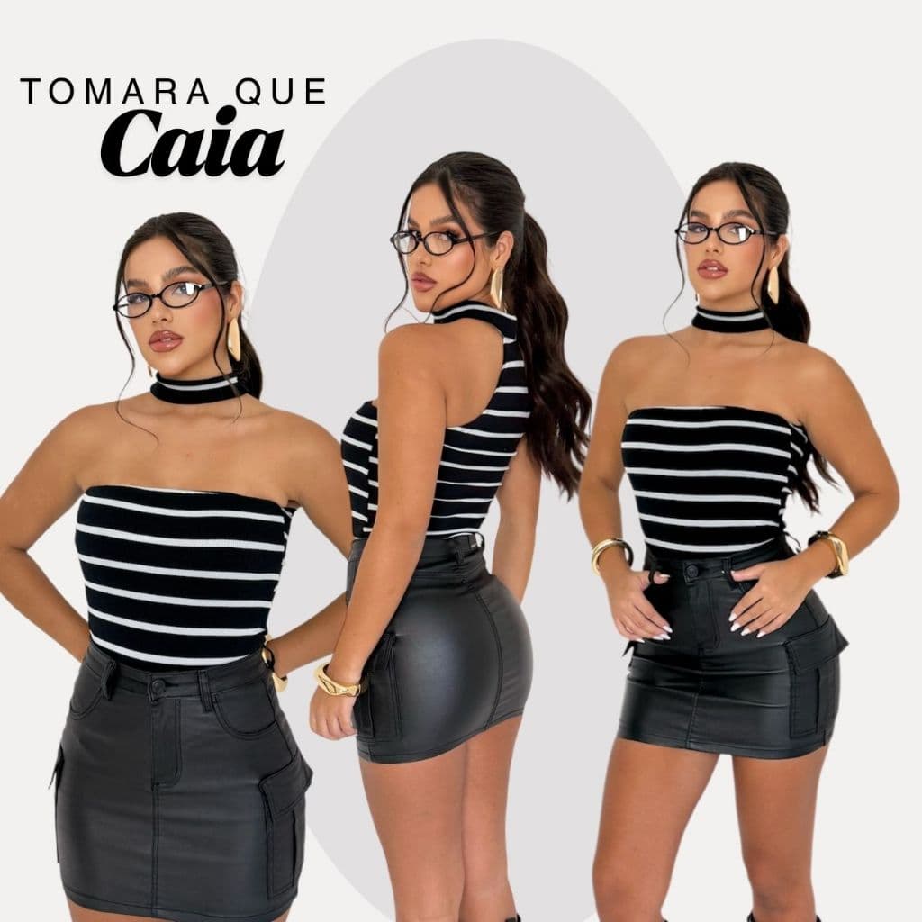 Blusinha Tomara que Caia  Assimétrica com gola listrada  Malha Canelada Ribana Charmosa Elegante