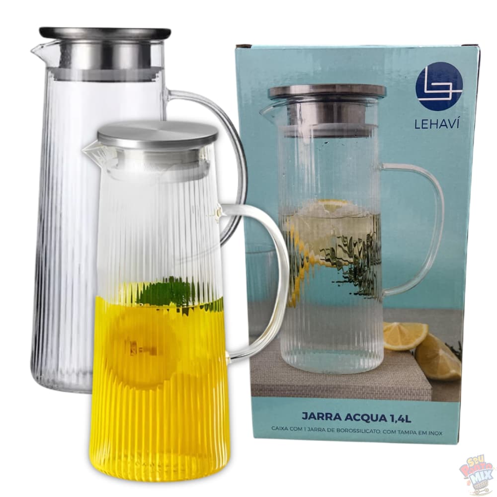Jarra de Vidro Borossilicato 1,4L com Tampa Inox para Água Suco Chá
