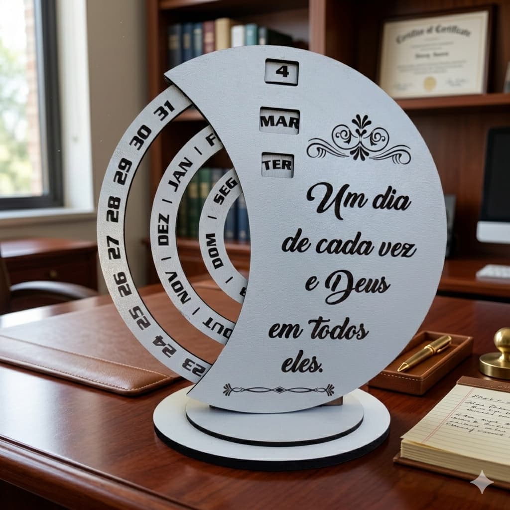 Calendário Perpétuo, Permanente De Mesa Em Mdf Branco Meia Lua Um dia de Cada Vez e Deus em todos eles