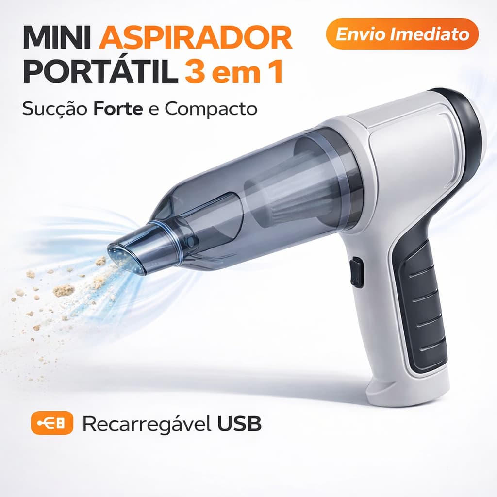 Aspirador e Soprador Recarregável USB 3 em 1 Portátil Potente Para Carro Casa Limpeza Doméstica