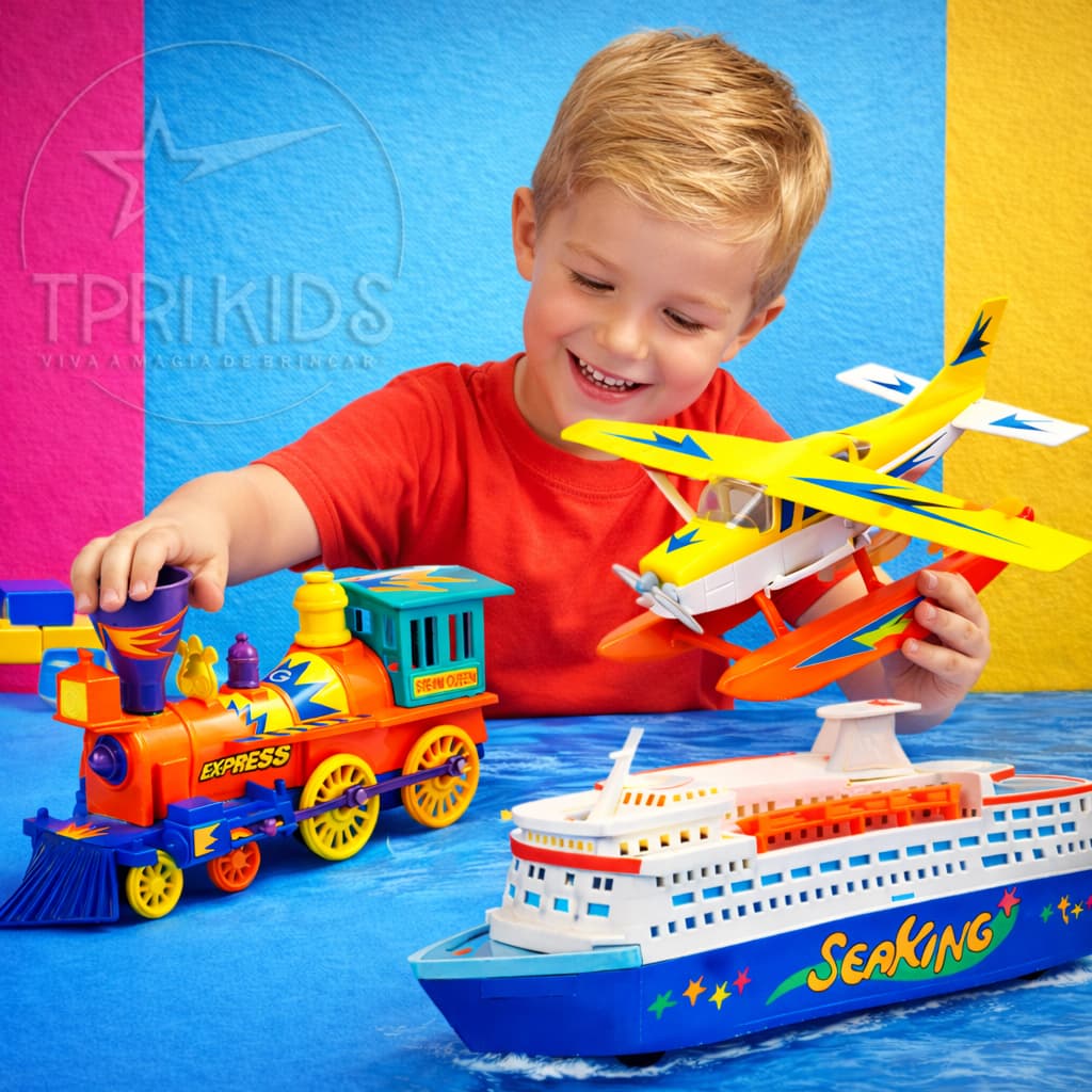 Kit Avião Trem Navio Brinquedo Infantil Cruzeiro Locomotiva Hidroavião Flutua Água Menino Menina