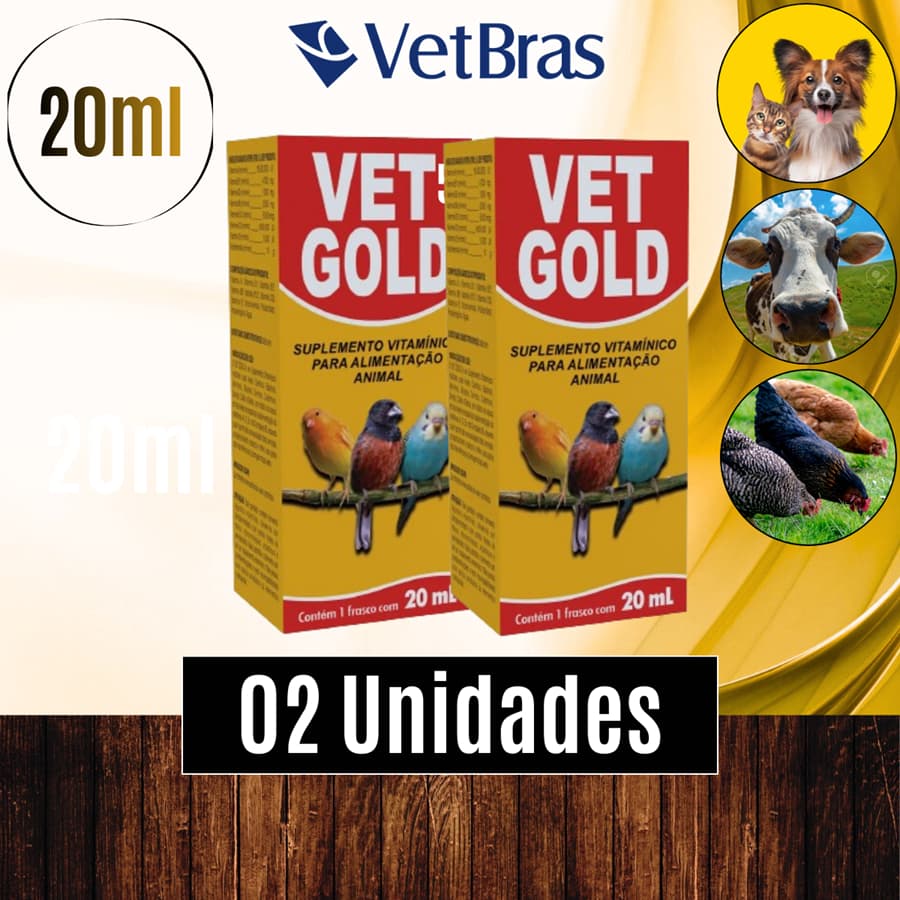 Cx 02 unds Vet Gold 20ml Suplemento Vitamínico de aves bovinos equinos suínos cães e gatos - Vetbras