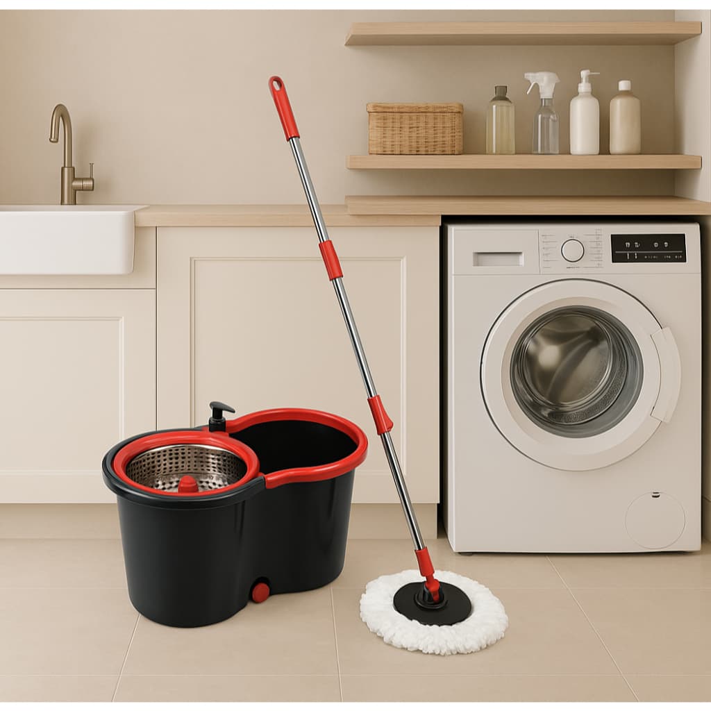 Mop 360 Giratório Inox e Plástico com Balde 8 ou 13 Litros, Alça, Cabo Esfregão Microfibra