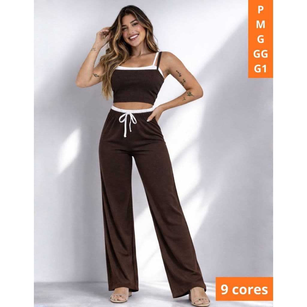 Conjunto Ribana Top alcinhas dupla e Calça Pantalona cós alto duplo P ao G1