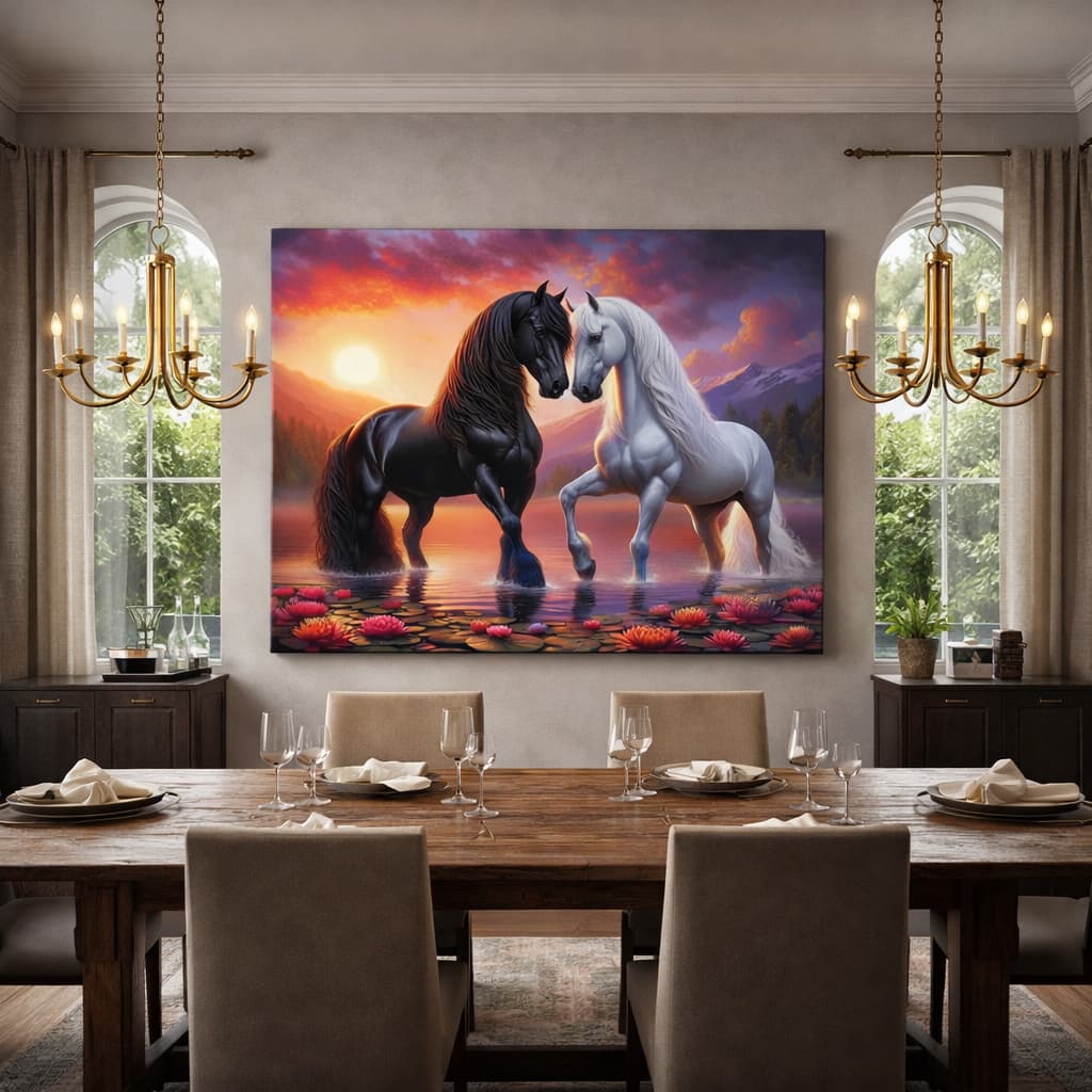 Quadro Decorativo Pintura Mosaico Cavalos Preto E Branco Luxo Decoração Sala Quarto Hall
