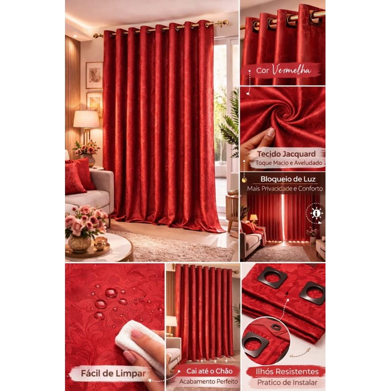 Cortina grande Estampa Jacquard vermelha luxo 3 metros (3,00 x 2,80)