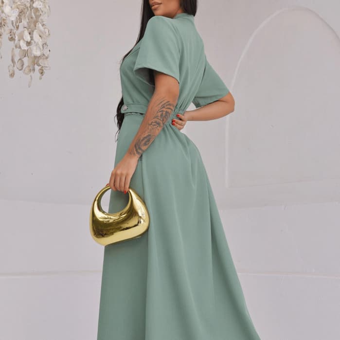 Vestido Feminino Longo De Manga Curta e Botões com Bolso Diário