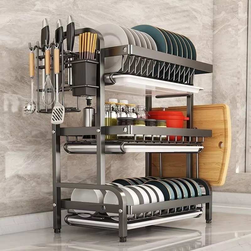 Escorredor Loucas 3 Camadas Metal Preto Organizador Cozinha Pratico Resistente